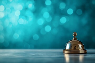 Gold service bell on table against bokeh background.