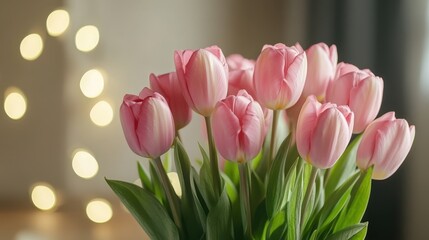 Obraz premium A charming bouquet of pink tulips rests elegantly in a vase, brightening the table with their vibrant hues, perfect for celebrating love on Valentine's Day.