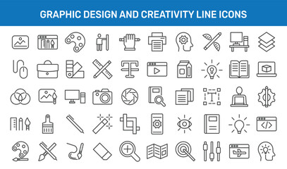 Graphic Design and Creativity Line Icons. Editable Stroke. Pixel Perfect. For Mobile and Web. Contains such icons as Creativity, Layout, Mobile App Design, Art Tools, Typography Vector 