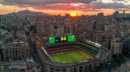 Aerial View of Stadium in Urban Landscape During Sunset in Barcelona