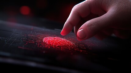 Hand Touching Digital Database Interface with Red Glow Effect