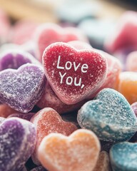 Obraz premium Colorful Heart-Shaped Valentine's Day Candies with Messages in Soft Light, Close-Up
