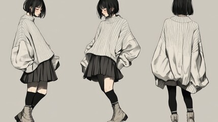 Anime Girl Poses Wearing Oversized Sweater and Boots