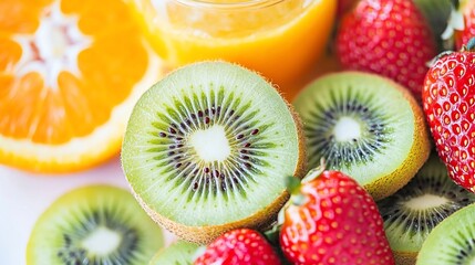 A vibrant assortment of fresh fruits including kiwi, strawberries, and orange juice.