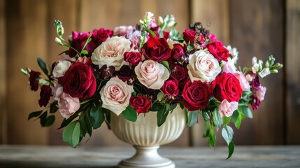 Obraz premium A charming vase brimming with vibrant flowers, exuding romance and warmth, rests gracefully on a table, embodying the spirit of love this Valentine's Day.