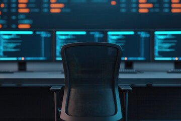 Naklejka premium Virtual offices rely on workspace tools. Empty ergonomic chair in front of multiple glowing computer screens.