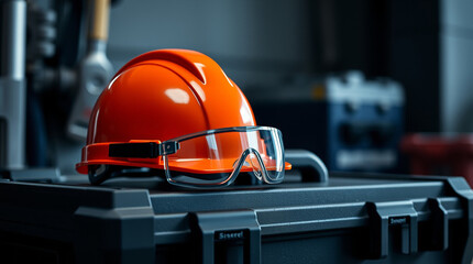 Protective Safety Helmet and Goggles on Construction Equipment Box. Perfect for illustrating safety measures in active work environments.