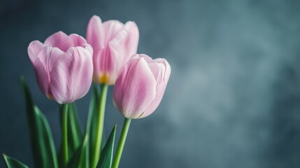 Fototapeta premium Three delicate pink tulips elegantly rise from a simple vase, adding a touch of romance and charm to the cozy table setting, perfect for Valentine's Day.
