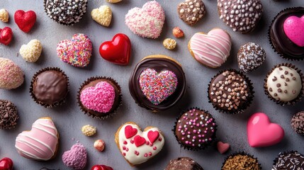 A delightful table brimming with an array of chocolates, each piece a tempting treat that promises to melt hearts this Valentine's Day.