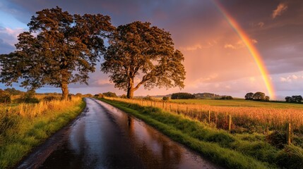 Obraz premium Rainbow over rural road, trees, and golden fields after rain at sunset.