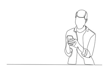 Man holding smartphone in continuous one line drawing. Single line art illustration of businessman holding phone. Editable vector.