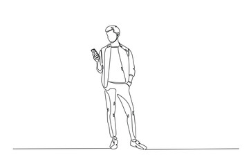 Man holding smartphone in continuous one line drawing. Single line art illustration of businessman holding phone. Editable vector.