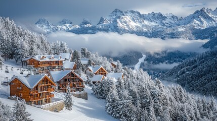 A serene winter landscape featuring cozy wooden chalets surrounded by snow-covered mountains.