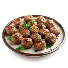 Meatballs with tomato sauce and parsley on a white plate, top view