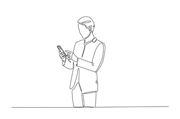 Man holding smartphone in continuous one line drawing. Single line art illustration of businessman holding phone. Editable vector.