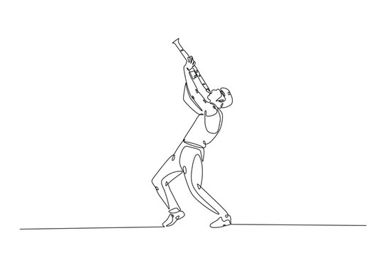 Clarinet player in continuous one line drawing. Single line art illustration of man holding clarinet music instrument. Editable vector.