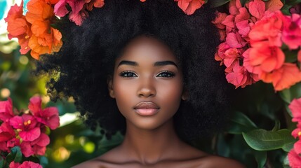 A woman with a vibrant afro adorned with colorful flowers radiates joy and love, embodying the spirit of Valentine's Day with her enchanting presence.