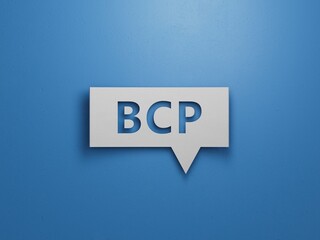light wooden blocks and cubes with the text BCP Business Continuity Plan.Minimalist Abstract Design With White Cut Out Paper.3D rendering on blue background.