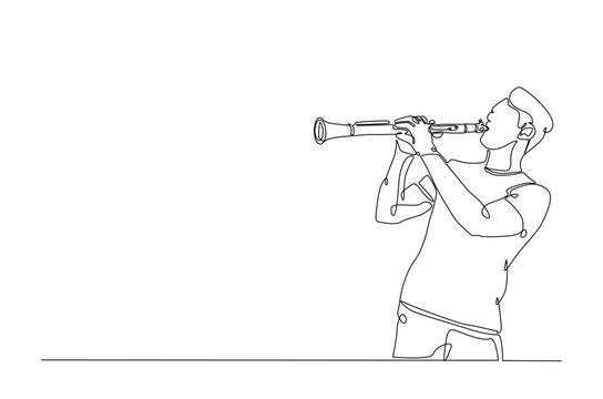 Clarinet player in continuous one line drawing. Single line art illustration of man holding clarinet music instrument. Editable vector.
