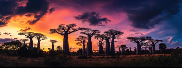 A surreal perspective of the Avenue of the Baobabs in Madagascar, with ancient trees silhouetted against a vibrant sunset sky, Baobab Avenue sunset scene