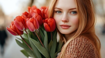 A woman delicately cradles vibrant red tulips, embodying the essence of love and romance, perfect for sharing on Valentine's Day.