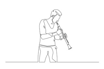 Clarinet player in continuous one line drawing. Single line art illustration of man holding clarinet music instrument. Editable vector.