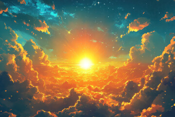 Sunset with fluffy clouds and twinkling stars, creating a mesmerizing celestial display.