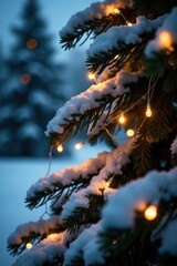 Twinkling string lights on a snow-covered pine tree, twinkling string lights, warm glow