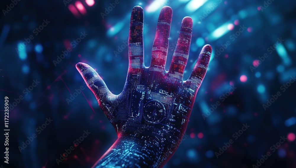 Wall mural a close-up of an ai hand reaching out towards the viewer, with digital circuit patterns on its finge