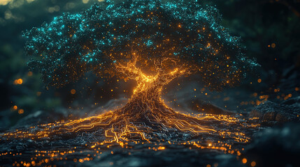 Abstract tree with glowing branches and digital circuit roots, blending nature with technology, in neon blue and green, set against a futuristic digital landscape
