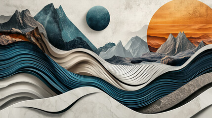 Abstract mountain sun or moon with waves, Beautiful mountain landscape mural, and minimal geometric shape.