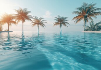 A beautiful blue pool with palm trees in the background