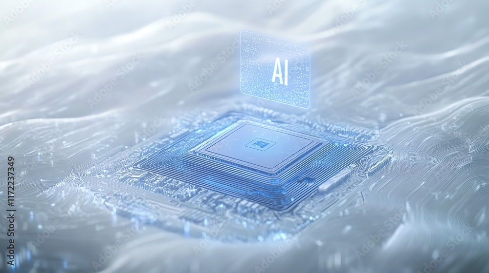 Poster digital representation of an artificial intelligence chip surrounded by flowing data patterns in a f