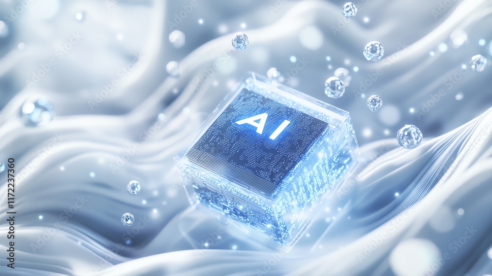 Poster ice cube with glowing ai circuit immersed in translucent waves representing advanced technology in a