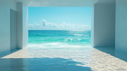 Fototapeta premium A room with a large window overlooking the ocean