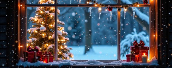 Winter wonderland scene in a decorated window featuring icicle lights and festive decor, window, wonderland
