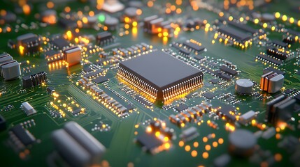 Obraz premium Close-Up Perspective of a Green Circuit Board with Microchip and Illuminated Components Highlighting Modern Technology and Innovation in Electronic Devices