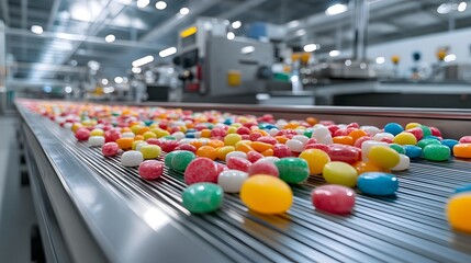 Naklejka premium Colorful Candy Production Line with Vibrant Confections on Conveyor Belt in a Modern Manufacturing Facility