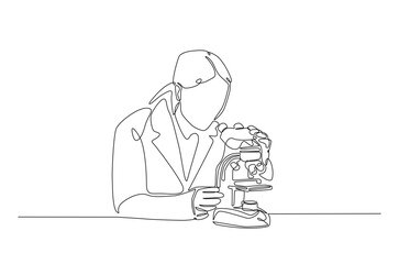 Female scientist working using microscope in continuous one line drawing. Single line art illustration of scientist. Editable vector.