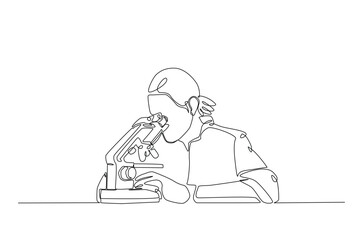 Female scientist working using microscope in continuous one line drawing. Single line art illustration of scientist. Editable vector.