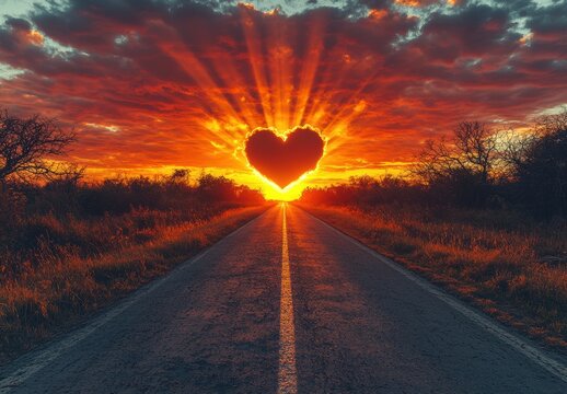 A heart is drawn in the middle of a road with a sunset in the background