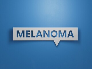 The hand puts a Speech Bubble with the letter melanoma.Minimalist Abstract Design With White Cut Out Paper.3D rendering on blue background.