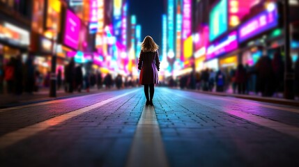 Woman Walking Alone in Vibrant Urban Street at Nighttime