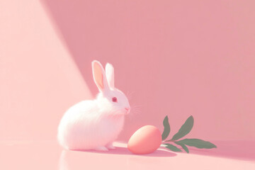 Obraz premium Pink Background With a White Rabbit Sitting Next to a Decorated Egg and Greenery in a Minimalistic Style