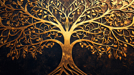 A stunning golden tree of life with intricate patterns extending outward, its branches and roots intertwining elegantly against a dark backdrop, symbolizing growth and interconnectedness.