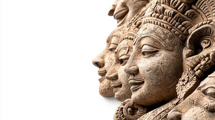 Obraz premium Row of Intricate Carved Wooden Faces, Asian Art.