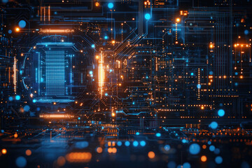 Glowing circuit board interior with data flow, digital background for tech concepts