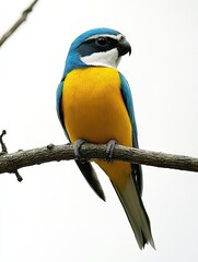 Fototapeta premium A vibrant blue and yellow bird perched on a branch against a light background.