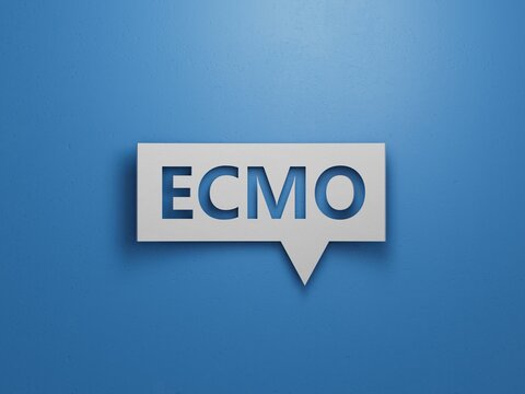 The word ecmo is written on Speech Bubble . Medical concept.Minimalist Abstract Design With White Cut Out Paper.3D rendering on blue background.