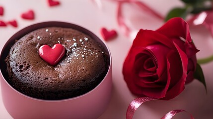 Chocolate Lava Cake with Valentine's Day, in a pink box, A red rose is placed next to the box with space above for text